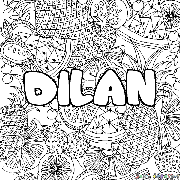 Coloriage pr&eacute;nom DILAN - d&eacute;cor Mandala fruits