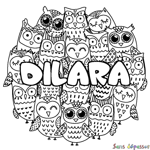 Coloriage pr&eacute;nom DILARA - d&eacute;cor Chouettes