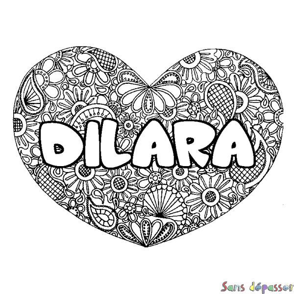 Coloriage prénom DILARA - d&eacute;cor Mandala coeur