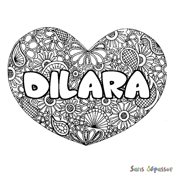 Coloriage pr&eacute;nom DILARA - d&eacute;cor Mandala coeur