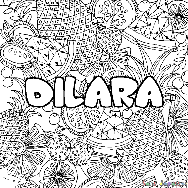 Coloriage pr&eacute;nom DILARA - d&eacute;cor Mandala fruits