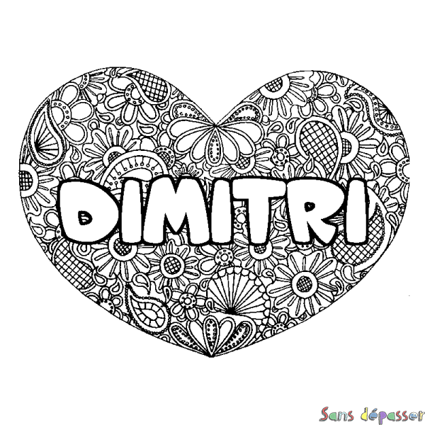 Coloriage pr&eacute;nom DIMITRI - d&eacute;cor Mandala coeur