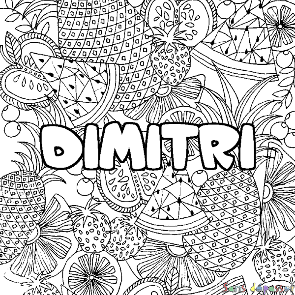 Coloriage pr&eacute;nom DIMITRI - d&eacute;cor Mandala fruits
