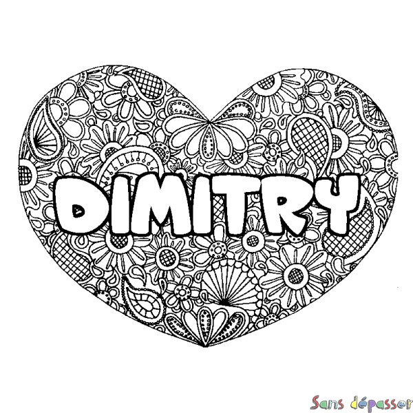 Coloriage pr&eacute;nom DIMITRY - d&eacute;cor Mandala coeur