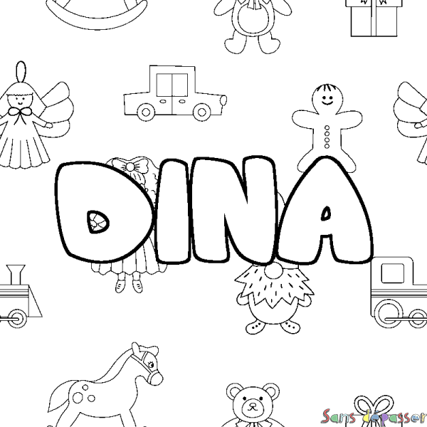 Coloriage pr&eacute;nom DINA - d&eacute;cor Jouets