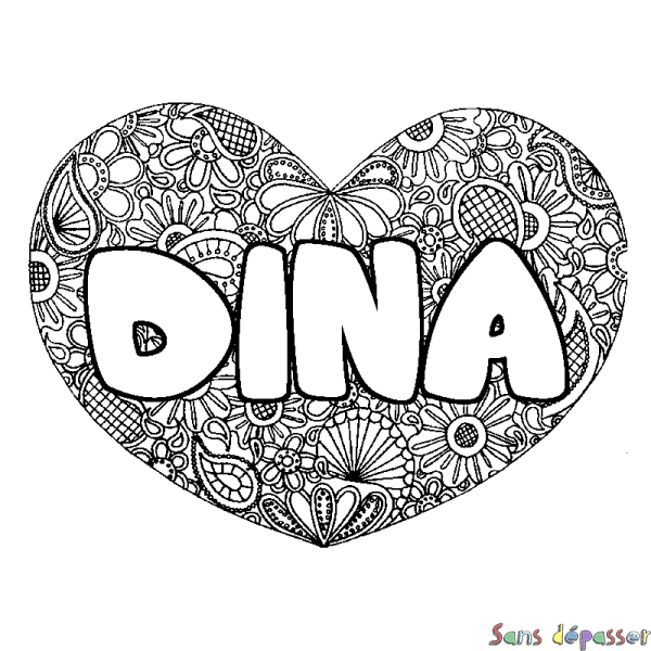 Coloriage prénom DINA - d&eacute;cor Mandala coeur