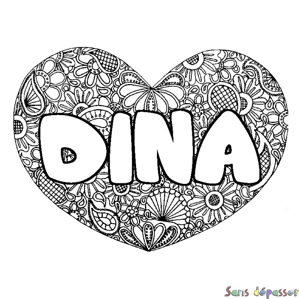 Coloriage pr&eacute;nom DINA - d&eacute;cor Mandala coeur