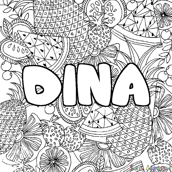 Coloriage prénom DINA - d&eacute;cor Mandala fruits