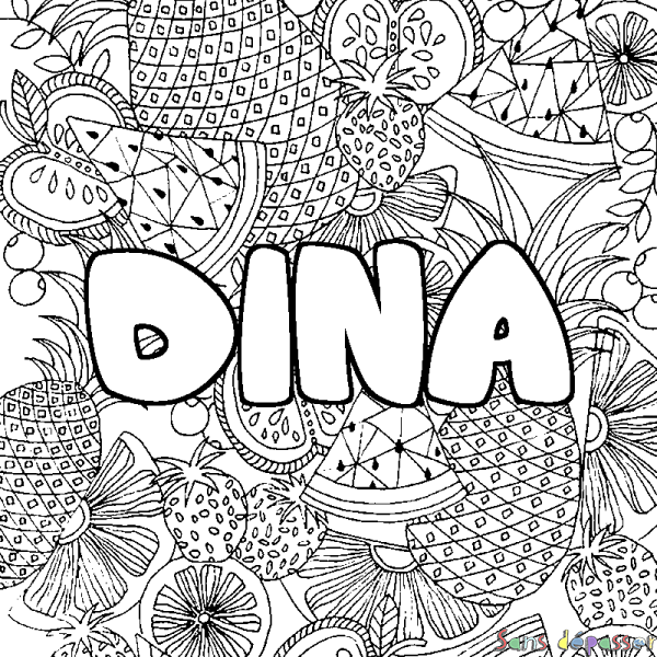 Coloriage pr&eacute;nom DINA - d&eacute;cor Mandala fruits