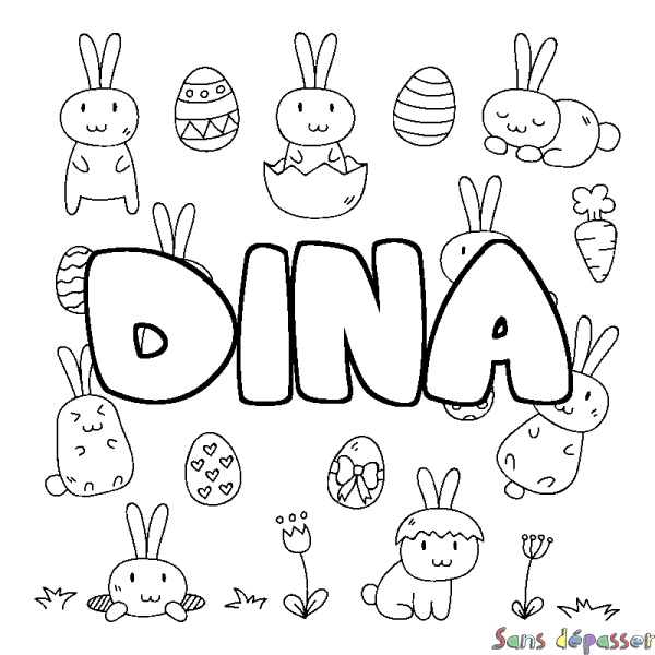 Coloriage pr&eacute;nom DINA - d&eacute;cor Paques
