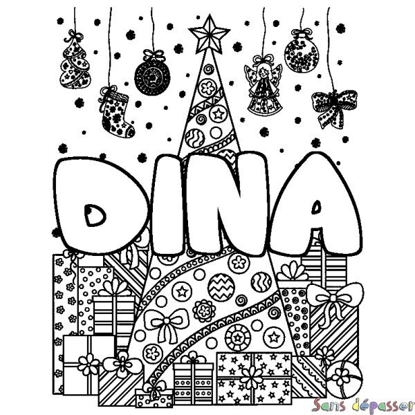 Coloriage pr&eacute;nom DINA - d&eacute;cor Sapin et Cadeaux