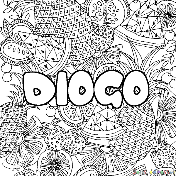 Coloriage pr&eacute;nom DIOGO - d&eacute;cor Mandala fruits