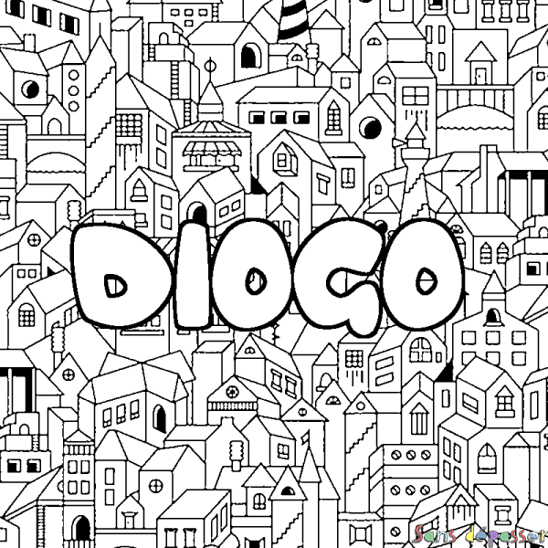 Coloriage pr&eacute;nom DIOGO - d&eacute;cor Ville