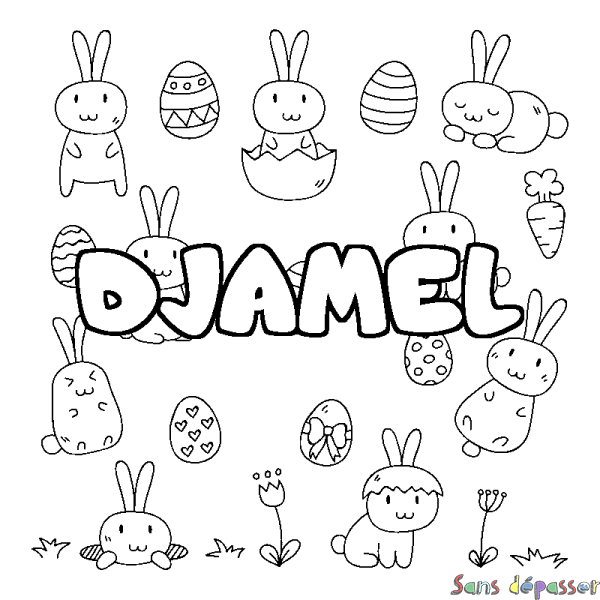 Coloriage pr&eacute;nom DJAMEL - d&eacute;cor Paques