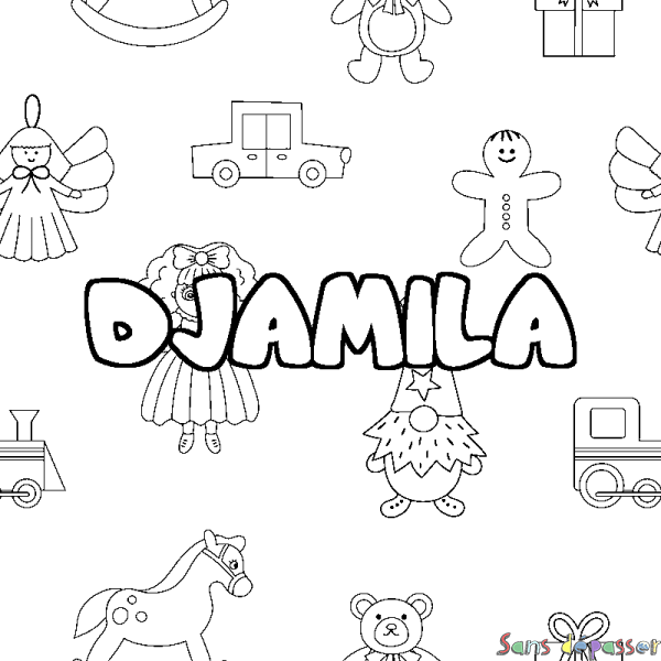 Coloriage pr&eacute;nom DJAMILA - d&eacute;cor Jouets