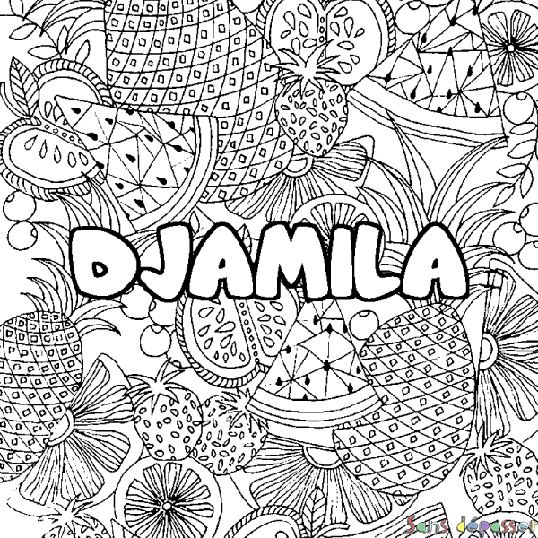 Coloriage prénom DJAMILA - d&eacute;cor Mandala fruits