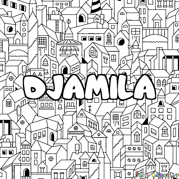 Coloriage prénom DJAMILA - d&eacute;cor Ville