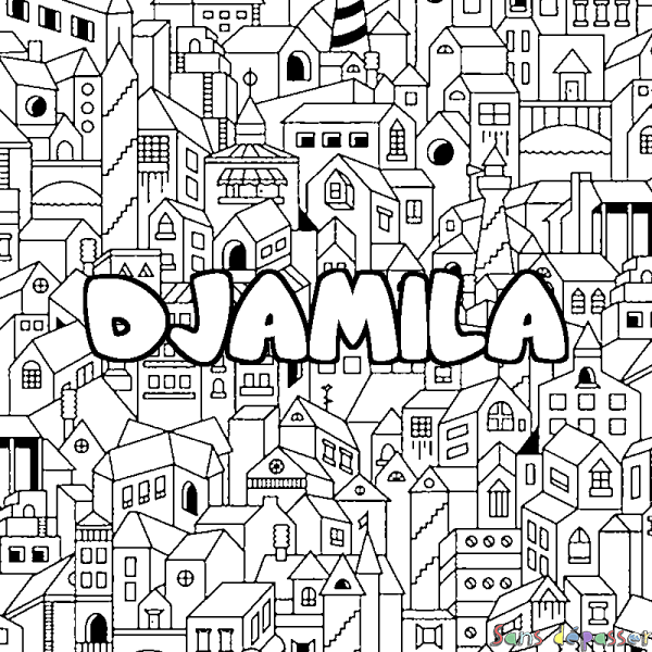 Coloriage pr&eacute;nom DJAMILA - d&eacute;cor Ville