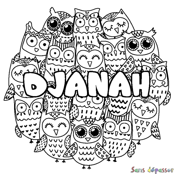 Coloriage pr&eacute;nom DJANAH - d&eacute;cor Chouettes