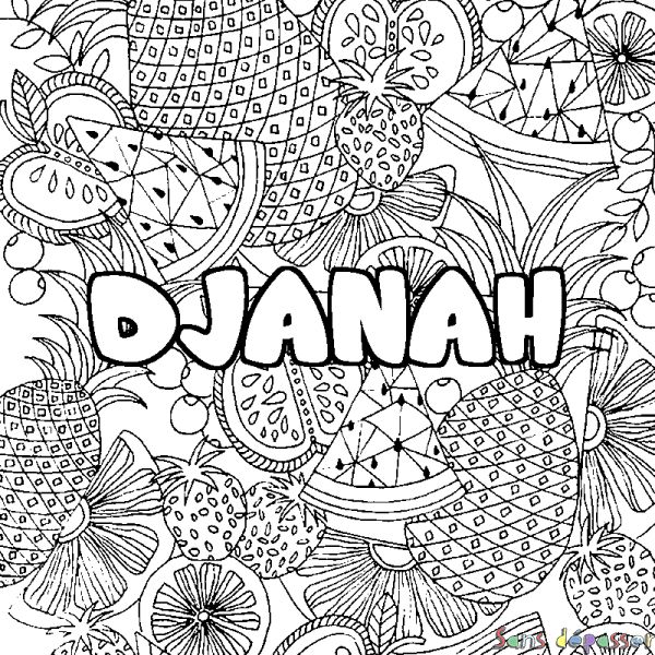 Coloriage pr&eacute;nom DJANAH - d&eacute;cor Mandala fruits