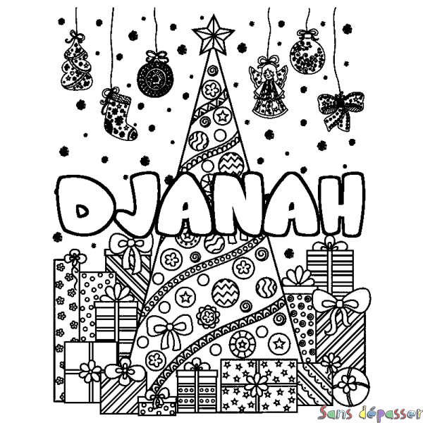 Coloriage prénom DJANAH - d&eacute;cor Sapin et Cadeaux