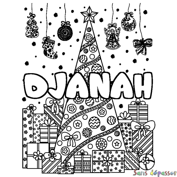 Coloriage pr&eacute;nom DJANAH - d&eacute;cor Sapin et Cadeaux