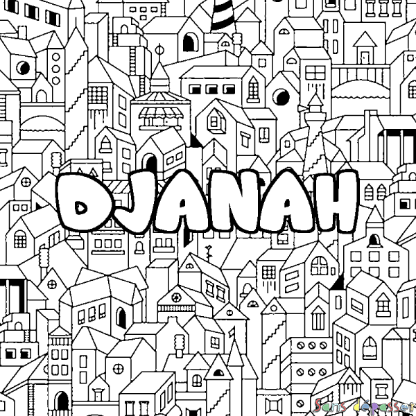 Coloriage pr&eacute;nom DJANAH - d&eacute;cor Ville