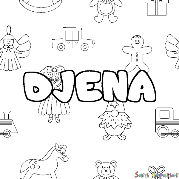 Coloriage pr&eacute;nom DJENA - d&eacute;cor Jouets