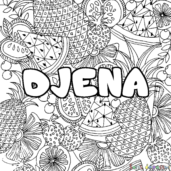 Coloriage pr&eacute;nom DJENA - d&eacute;cor Mandala fruits
