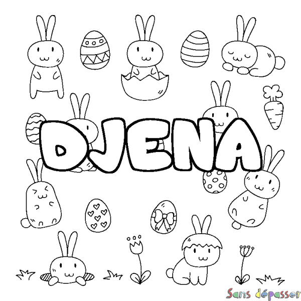 Coloriage pr&eacute;nom DJENA - d&eacute;cor Paques