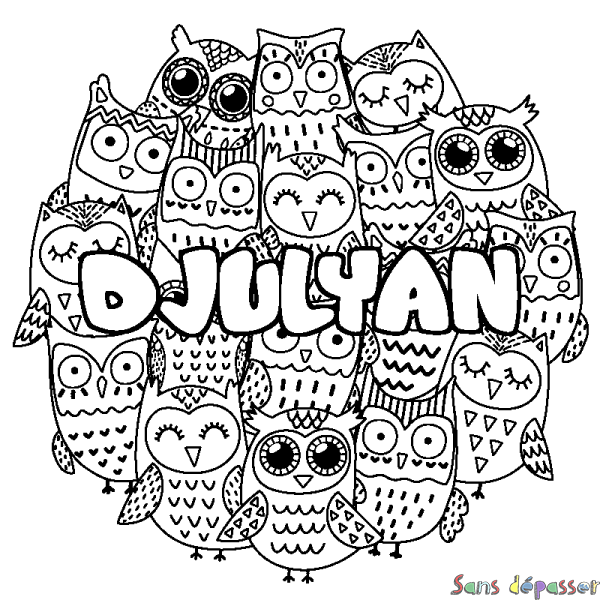 Coloriage pr&eacute;nom DJULYAN - d&eacute;cor Chouettes
