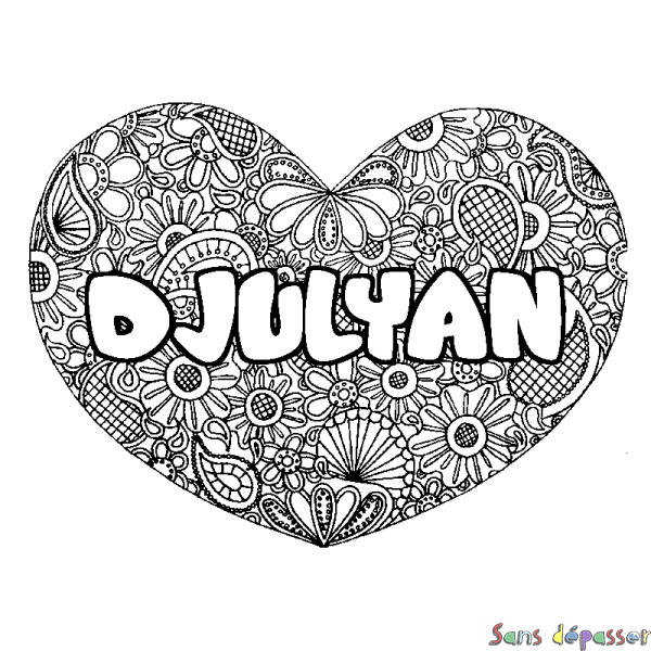 Coloriage pr&eacute;nom DJULYAN - d&eacute;cor Mandala coeur