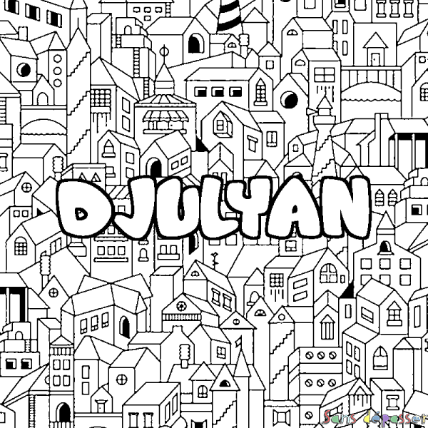 Coloriage pr&eacute;nom DJULYAN - d&eacute;cor Ville
