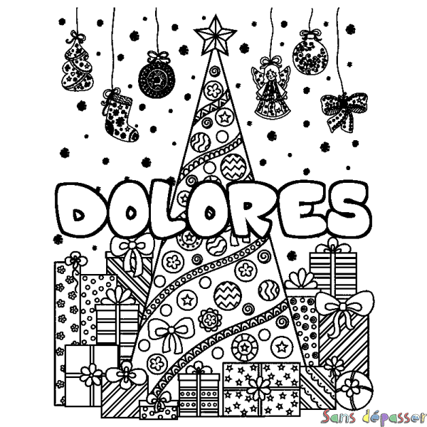 Coloriage prénom DOLORES - d&eacute;cor Sapin et Cadeaux