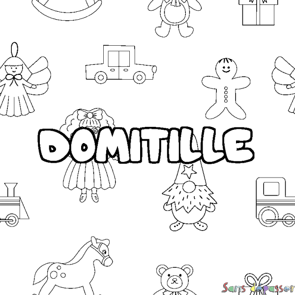 Coloriage pr&eacute;nom DOMITILLE - d&eacute;cor Jouets