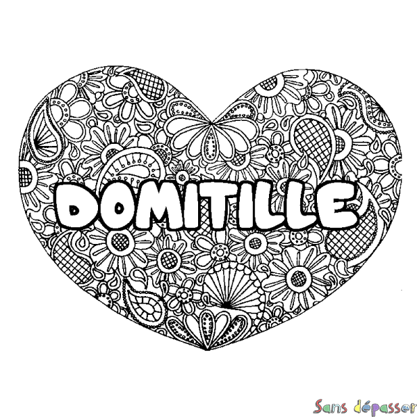 Coloriage pr&eacute;nom DOMITILLE - d&eacute;cor Mandala coeur