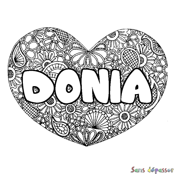 Coloriage pr&eacute;nom DONIA - d&eacute;cor Mandala coeur