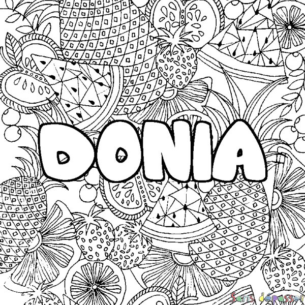 Coloriage pr&eacute;nom DONIA - d&eacute;cor Mandala fruits