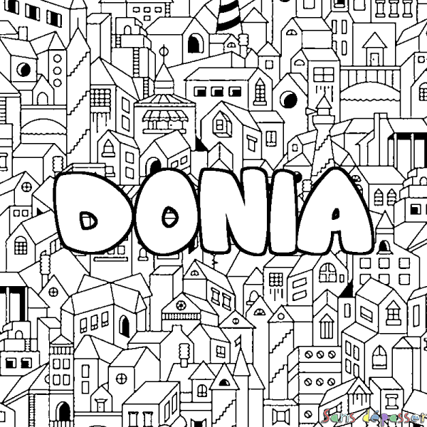 Coloriage pr&eacute;nom DONIA - d&eacute;cor Ville