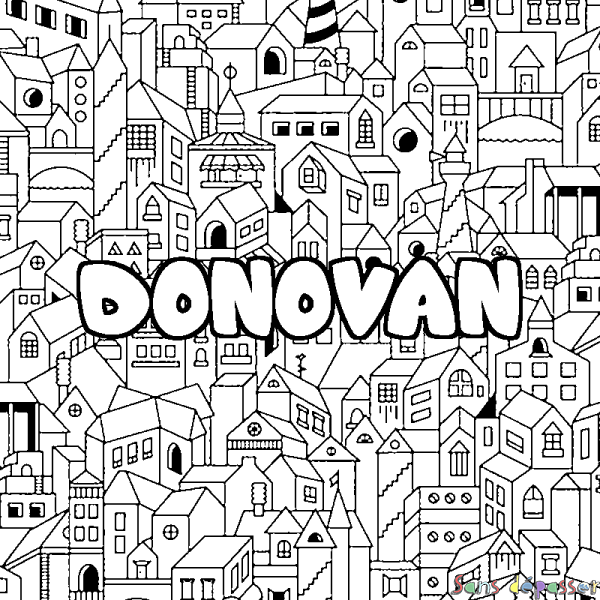 Coloriage pr&eacute;nom DONOVAN - d&eacute;cor Ville
