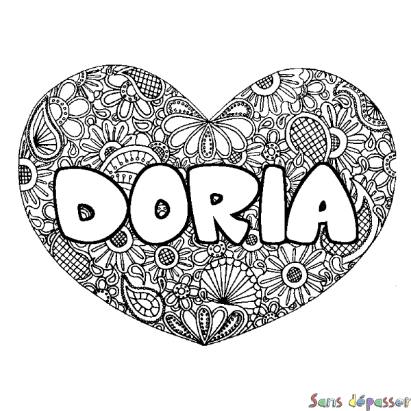 Coloriage pr&eacute;nom DORIA - d&eacute;cor Mandala coeur