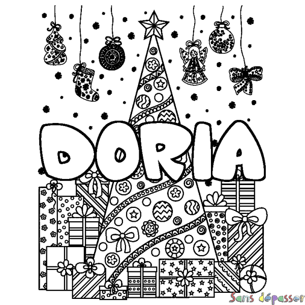 Coloriage prénom DORIA - d&eacute;cor Sapin et Cadeaux