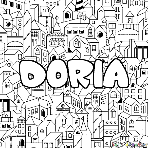Coloriage pr&eacute;nom DORIA - d&eacute;cor Ville