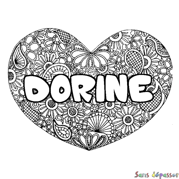 Coloriage pr&eacute;nom DORINE - d&eacute;cor Mandala coeur