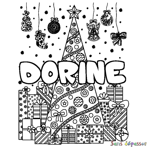 Coloriage prénom DORINE - d&eacute;cor Sapin et Cadeaux