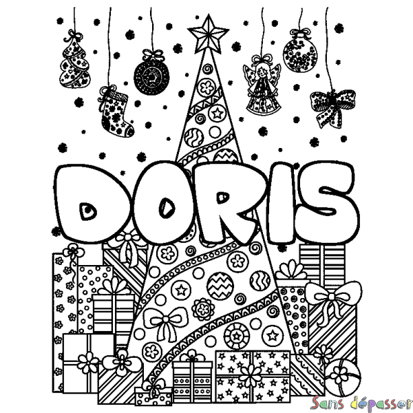 Coloriage prénom DORIS - d&eacute;cor Sapin et Cadeaux