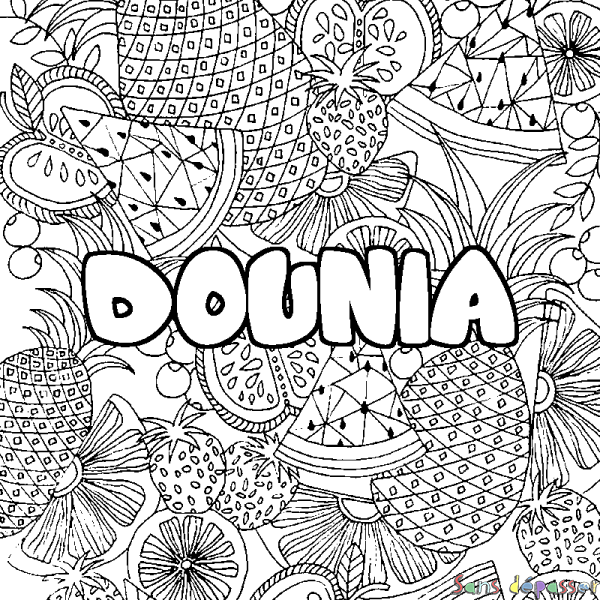 Coloriage prénom DOUNIA - d&eacute;cor Mandala fruits