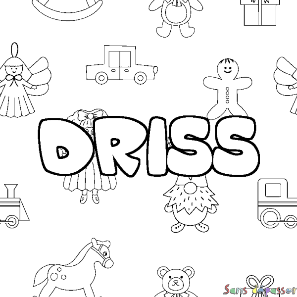 Coloriage pr&eacute;nom DRISS - d&eacute;cor Jouets