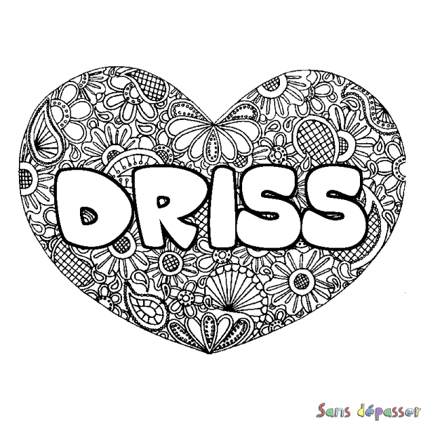 Coloriage pr&eacute;nom DRISS - d&eacute;cor Mandala coeur