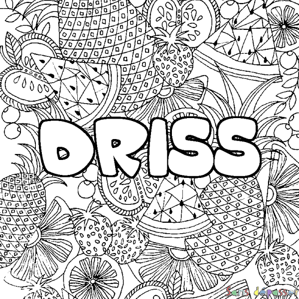 Coloriage pr&eacute;nom DRISS - d&eacute;cor Mandala fruits